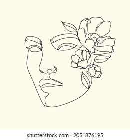 Abstract woman head with flowers line vector drawing. Flower Head One Line Art. Modern Gallery Wall. Botanical face vector. Minimal logo with girl magnolia. Florist Bauty salon minimalist logo