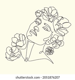 Abstract woman head with flowers line vector drawing. Flower Head One Line Art. Modern Gallery Wall. Botanical face vector. Minimal logo with girl magnolia. Florist Bauty salon minimalist logo
