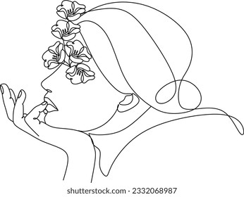 Abstract Woman Head with Flowers Line Drawing Set. Female Face Line Art Drawing. Minimalist Feminine Illustration for Wall Decor, Print, Poster, Social Media. Abstract Woman Face Vector Collection