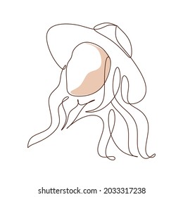 Abstract Woman head in hat line drawing. Minimalist portrait of female with abstract pastel shape for a logo, emblem or web banner. Beauty boho modern illustration