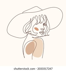 Abstract Woman head in hat line drawing. Minimalist portrait of female with abstract pastel shape for a logo, emblem or web banner. Beauty boho modern illustration