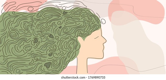 Abstract woman head profile with swirls in hair. Mental health concept.