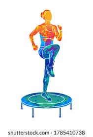 Abstract woman jumping on trampoline. Young fitness girl trains on a mini trampoline from splash of watercolors. Vector illustration of paints