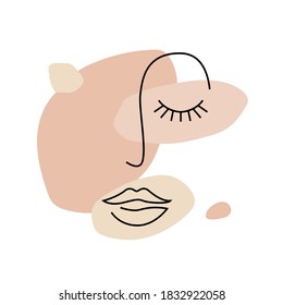 Abstract woman line face. Contemporary continuous female portrait, cute minimalist avatar, modern art poster. Vector illustration