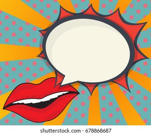 abstract woman lips with speech bubble comic book, pop art background vector illustration