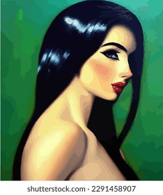 Abstract woman with long black hair portrait painting, vector illustration.