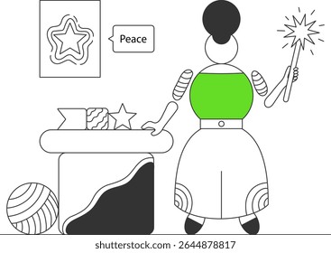 Abstract woman with magic wand and geometric figures and picture of star talking about peace  