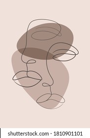 Abstract woman and man faces in minimalistic style. One line art poster. Ethnic print illustration.