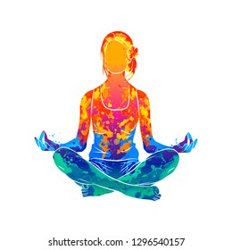 Abstract woman meditating from splash of watercolors. Lotus yoga pose Fitness. Vector illustration of paints