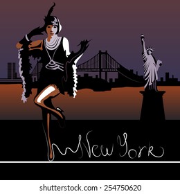 Abstract woman in New York against the backdrop of the Statue of Liberty and  Brooklyn Bridge and the Hudson River (card or poster)