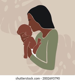 Abstract woman with newborn baby. Mother holding son or daughter, motherhood concept minimal contemporary style. Vector art