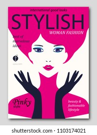 Abstract woman with with pink hair and dark gloves in Pop Art style. Fashion magazine cover design. Vector illustration