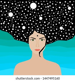 Abstract woman portrait. Adult beauty cartoon woman for design birthday card, modern pop party invitation, fashion shop sale advertising, bag print, holiday wallpaper, t shirt etc.