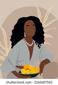 Retrato de mujer abstracta. Niña afroamericana de piel negra con frutas. Arte mural minimalista, tarjeta, afiche, etc. Ilustración artística vectorial de moda.