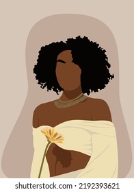 Abstract woman portrait. American black skin girl with flower. Fashion vector illustration. Trendy modern minimalist design for wall art, postcards, social media.