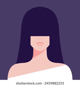 Abstract woman portrait. Brunette female with long bangs hair covering her eyes. Vector illustration