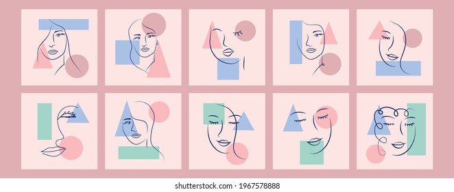 Abstract woman portrait by simple lines. Minimal style portrait. Geometric shapes, trendy style. Woman portrait in modern abstract style. Hand drawn illustration for contemporary fashion design.