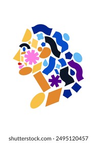 Abstract woman portrait contains different and geometric shapes. Pieces of different bright elements form female face. Mental health, psychology, personality concept. Minimalist vector illustration