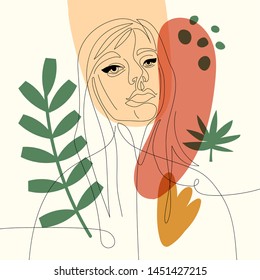 Abstract woman portrait continuous one line vector illustration
