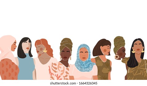 Abstract woman portrait different nationalities and culture. Girl power, struggle for equality, feminism, sisterhood concept. Vector illustration.