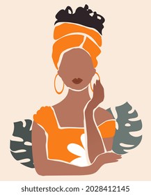 Abstract woman portrait. Faceless black African girl in orange turban against background of monstera leaves. Avatar for social networks. Cartoon flat vector illustration isolated on pink background