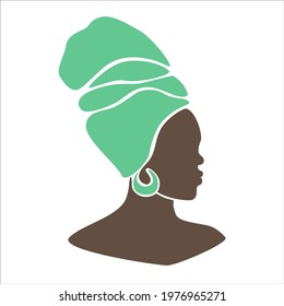 Abstract woman portrait in flat style. Afro american black skin girl with headwear. Vector illustration