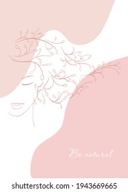 Abstract woman portrait with floral pattern hair on neutral background. Line drawing sketch and geometric shape of pink beige colors. Minimal design banner, card or poster, hand drawn illustration.