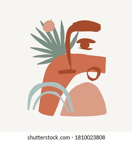 Abstract woman portrait in geometric cubism style. Natural beauty silhouettes drawing with geometrical shapes, tropical palm leaf, lines, circles, doodles. Vector contemporary illustration