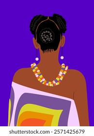 Abstract woman portrait. Gorgeous girl in ethnic authentic clothes with afro hairstyle rear view. Flat vector illustration in vivid bright colors