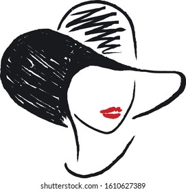 Abstract woman portrait in hat with red lips . Chalk isolated character on white background . Concept for print, logo, icon , cards 