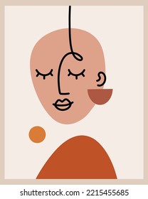 Abstract Woman Portrait Line Art Boho Earthy Tones Beautiful Face Vector Illustration