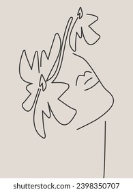 Abstract woman portrait line art. Elegant female with flowers in hair vector illustration.	