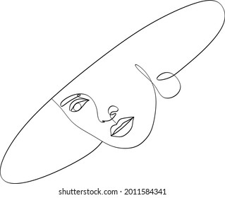 Abstract woman portrait in minimalistic line style. Women wall print. Female art poster. model girl of hat . Elegant ethnic sketch template.