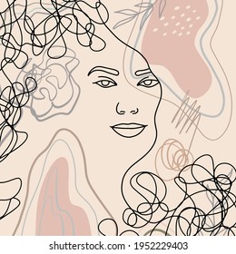 Abstract woman portrait in modern linear minimalistic style. Hand drawn faces, artwork on a trendy background. Fashion vector