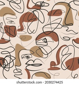 Abstract woman portrait scribbles seamless pattern. Modern female face, eyes, lips in one line drawing on doodle background. Contemporary vector illustration for fashion design, urban street wallpaper