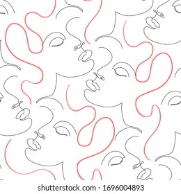 Abstract woman portrait seamless pattern. Female face one line drawing in minimal cubism style. Attractive girls background. Women portraits illustration for fashion design. Glamour beauty line art