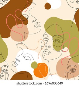 Abstract woman portrait seamless pattern. Female face one line drawing on minimal shapes and curved lines background. Women portraits illustration for fashion design. Glamour beauty line art