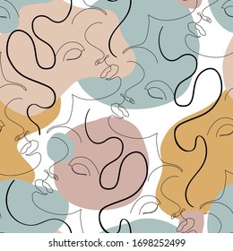 Abstract woman portrait seamless pattern. Female face one line drawing on minimal shapes and curved lines background. Women portraits illustration for fashion design. Glamour beauty line art