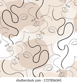 Abstract woman portrait seamless pattern. Female face one line drawing on minimal shapes and curved lines background. Women portraits illustration for fashion design. Glamour beauty line art