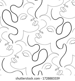 Abstract woman portrait seamless pattern. Female face one line drawing in minimal cubism style. Attractive girls background. Women portraits illustration for fashion design. Glamour beauty line art