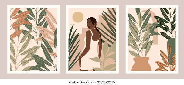 Abstract Woman Portrait in Tropical Leaves. Feminine Canvas Print. Abstract  woman. Tropical leaves background. Modern minimalist glamour female poster