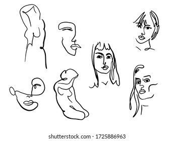 Abstract woman portraits and body. Female faces and bodies one line drawing. Sketch of young women. Illustration for fashion design. Artistic vector illustration.
