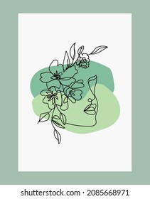 Abstract woman poster. Girl with different plant, line drawing. Line face illustration, woman with flower on had. Vector illustration concept.