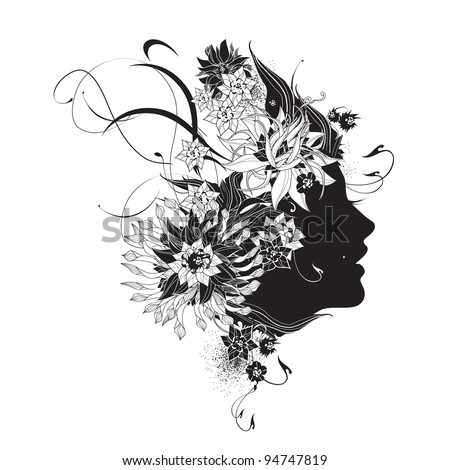 Abstract woman profile with flowers black and white