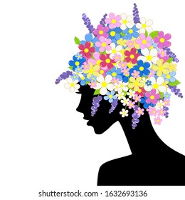 Abstract woman profile with flowers in her head