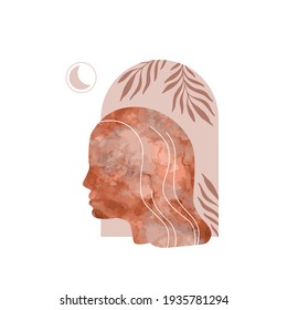 Abstract woman profile portrait with spiritual elements, watercolor texture. Mind concept Contemporary surreal artwork. Mid century modern art. Vector illustration for poster, cover, wall decor design