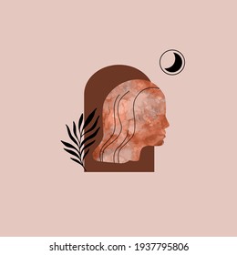 Abstract woman profile portrait with spiritual elements, watercolor texture. Mind concept Contemporary surreal artwork. Mid century modern art. Vector illustration for poster, cover, wall decor design