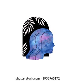 Abstract woman profile portrait with watercolor texture. Inner peace, Mind concept. Contemporary surreal artwork. Mid century modern art. Vector illustration for poster, cover, wall decor design