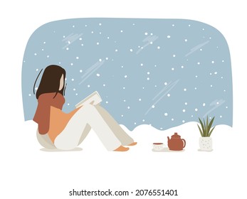 Abstract Woman reading book, tea cup and tea pot, house plant, winter background, snowfall. Winter season concept flat vector illustration.