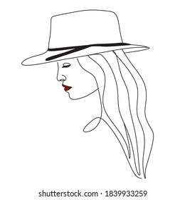 Abstract woman with red hat.Vector drawing. Portrait minimalistic style. Beaty salon logo
